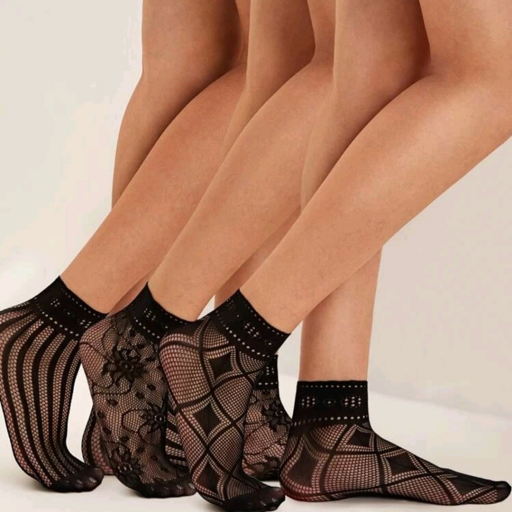 3pairs Flower & Geometric Pattern Mesh Socks